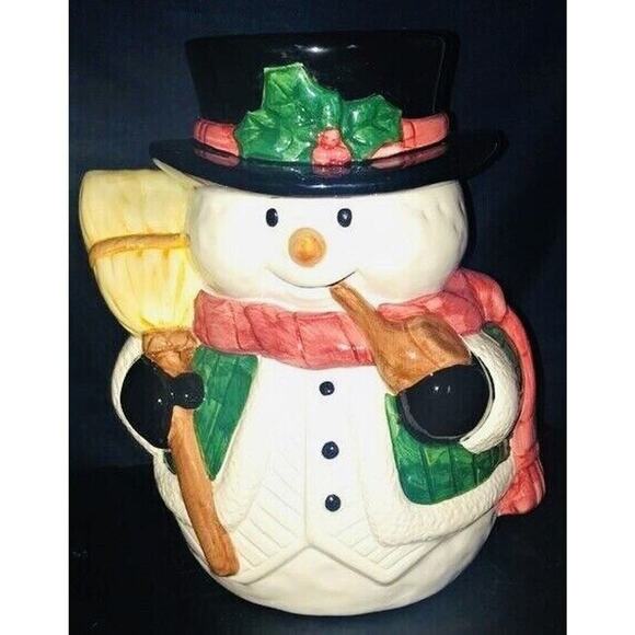 nib Vintage Snowman Cookie Jar 11" Hand Painted Ceramic Christmas Holiday - Picture 8 of 11